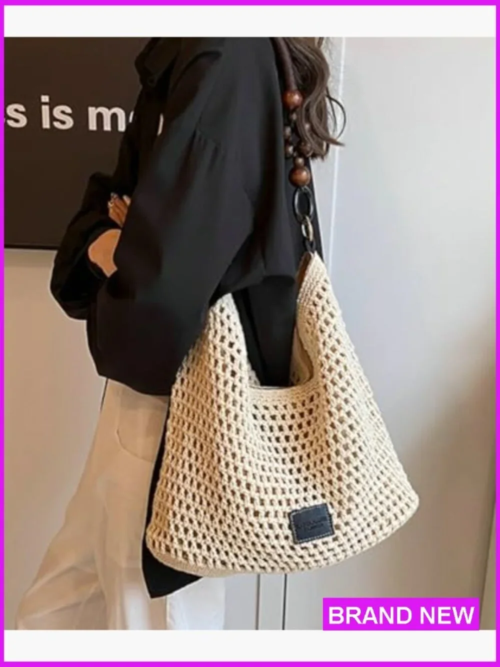 Crochet Summer Beach Bag Woven Cotton Hobo Handbag Bohemian Bead Shoulder Purse